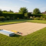 Jardin préparé pour installer une piscine hors sol en acier avec lit de sable et terrain nivelé