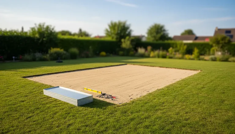 Jardin préparé pour installer une piscine hors sol en acier avec lit de sable et terrain nivelé