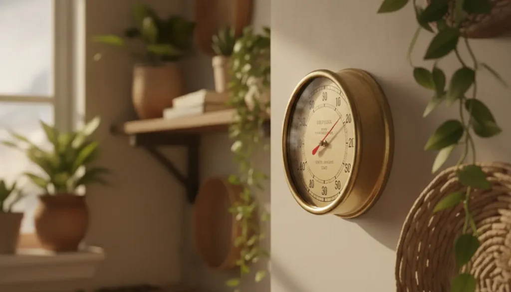 Thermomètre intérieur décoratif en laiton doré patiné à cadran rond, fixé sur un mur de salon cosy avec plantes vertes et étagère en bois, lumière naturelle chaleureuse