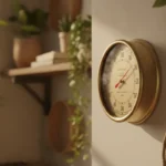 Thermomètre intérieur décoratif en laiton doré patiné à cadran rond, fixé sur un mur de salon cosy avec plantes vertes et étagère en bois, lumière naturelle chaleureuse