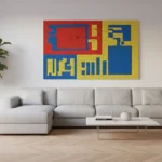 Salon contemporain avec une grande toile pop art aux couleurs vives au-dessus du canapé