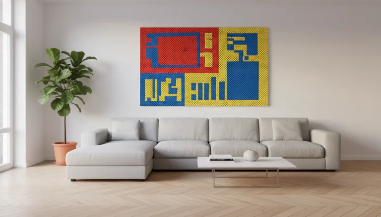 Salon contemporain avec une grande toile pop art aux couleurs vives au-dessus du canapé