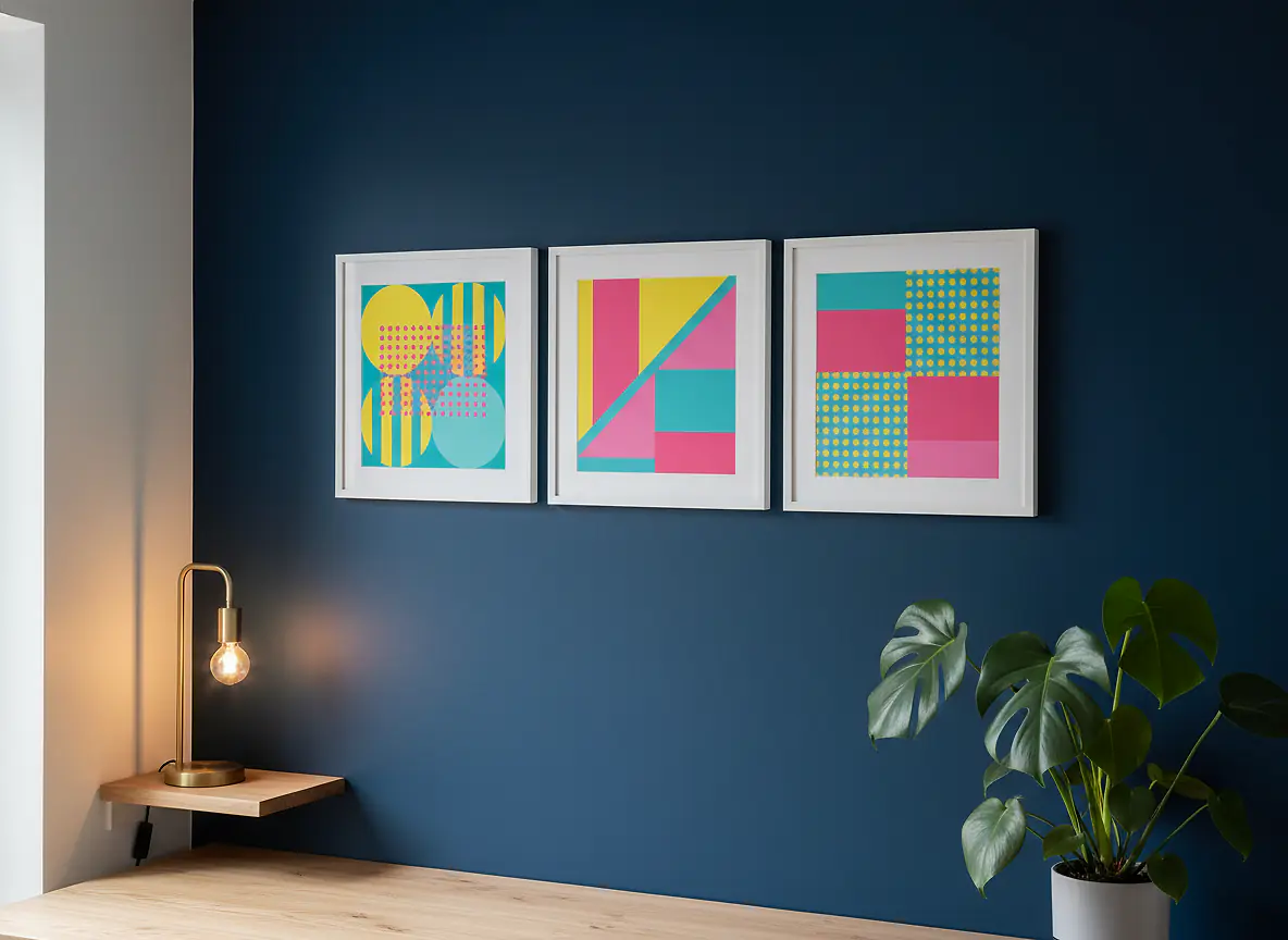 Triptyque de cadres pop art colorés sur un mur bleu nuit dans un coin bureau