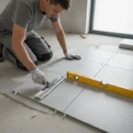 Pose de carrelage sol avec taloche crantée, cales d'espacement et vérification au niveau à bulle