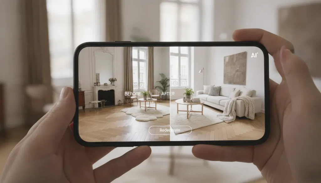 Salon moderne transformé par une application IA de décoration intérieure, style scandinave, lumière naturelle, parquet chêne