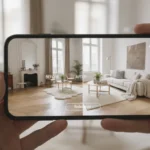 Salon moderne transformé par une application IA de décoration intérieure, style scandinave, lumière naturelle, parquet chêne