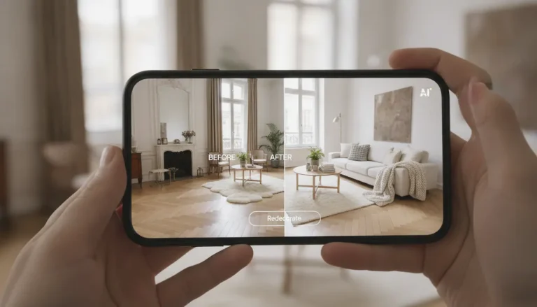 Salon moderne transformé par une application IA de décoration intérieure, style scandinave, lumière naturelle, parquet chêne