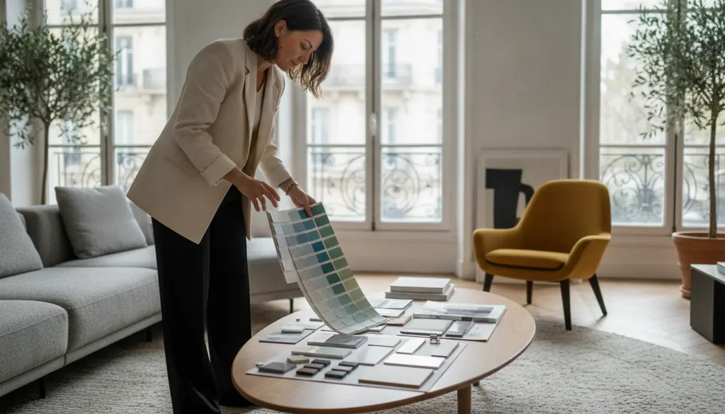 Décoratrice d'intérieur avec nuancier de couleurs et plans dans un salon contemporain lumineux