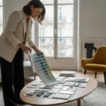 Décoratrice d'intérieur avec nuancier de couleurs et plans dans un salon contemporain lumineux