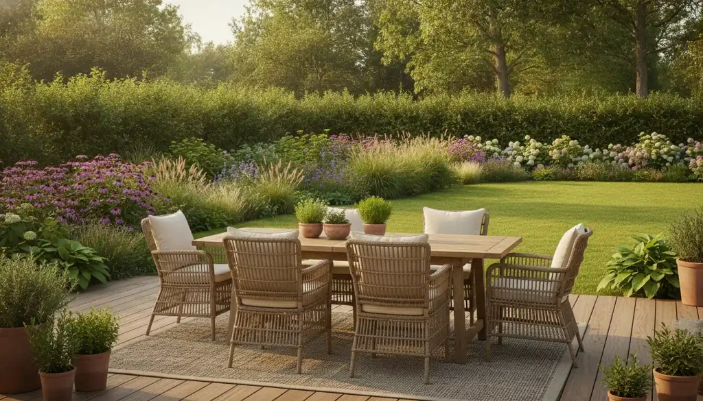 Terrasse en bois aménagée avec salon de jardin et jardin paysager en arrière-plan