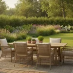 Terrasse en bois aménagée avec salon de jardin et jardin paysager en arrière-plan