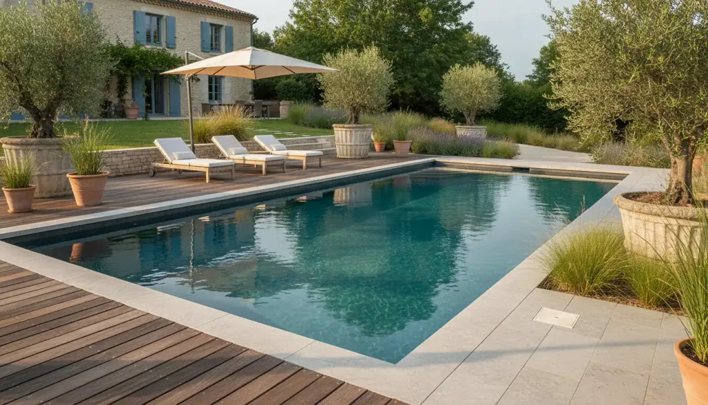 Piscine à débordement avec terrasse en bois exotique, dalles minérales et massifs d'oliviers dans un jardin