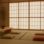 Salon de style décoration japonaise avec mobilier bas en bois clair, tatami et cloison shoji, lumière naturelle douce