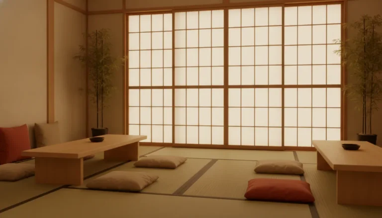 Salon de style décoration japonaise avec mobilier bas en bois clair, tatami et cloison shoji, lumière naturelle douce