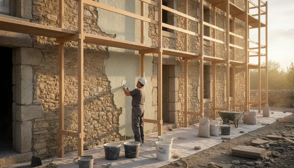 Façade de maison ancienne en pierre en cours de rénovation avec échafaudage