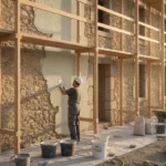 Façade de maison ancienne en pierre en cours de rénovation avec échafaudage