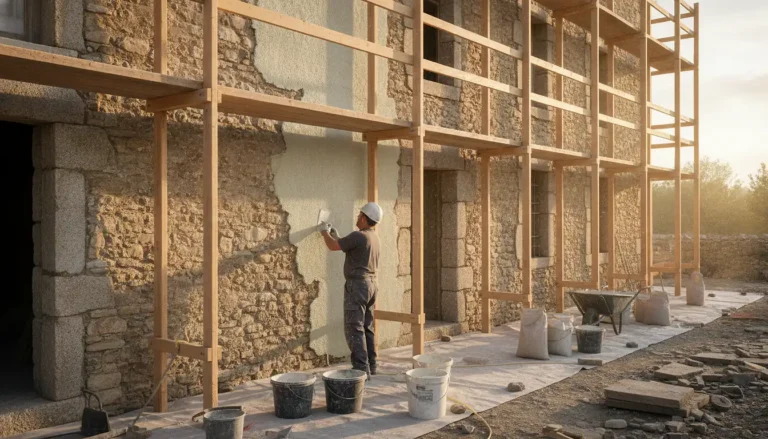 Façade de maison ancienne en pierre en cours de rénovation avec échafaudage