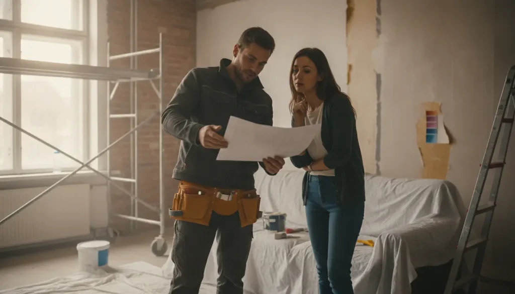 Artisan présentant un devis de travaux à une cliente dans un salon en rénovation