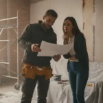 Artisan présentant un devis de travaux à une cliente dans un salon en rénovation