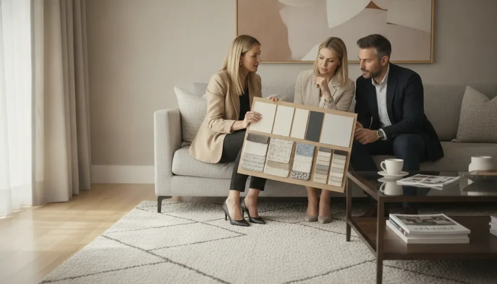 Décoratrice d'intérieur présentant un moodboard à ses clients dans un salon lumineux aux tons beiges et gris