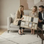 Décoratrice d'intérieur présentant un moodboard à ses clients dans un salon lumineux aux tons beiges et gris