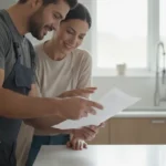 Plombier montrant un devis détaillé à un client dans une cuisine moderne