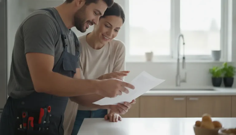 Plombier montrant un devis détaillé à un client dans une cuisine moderne